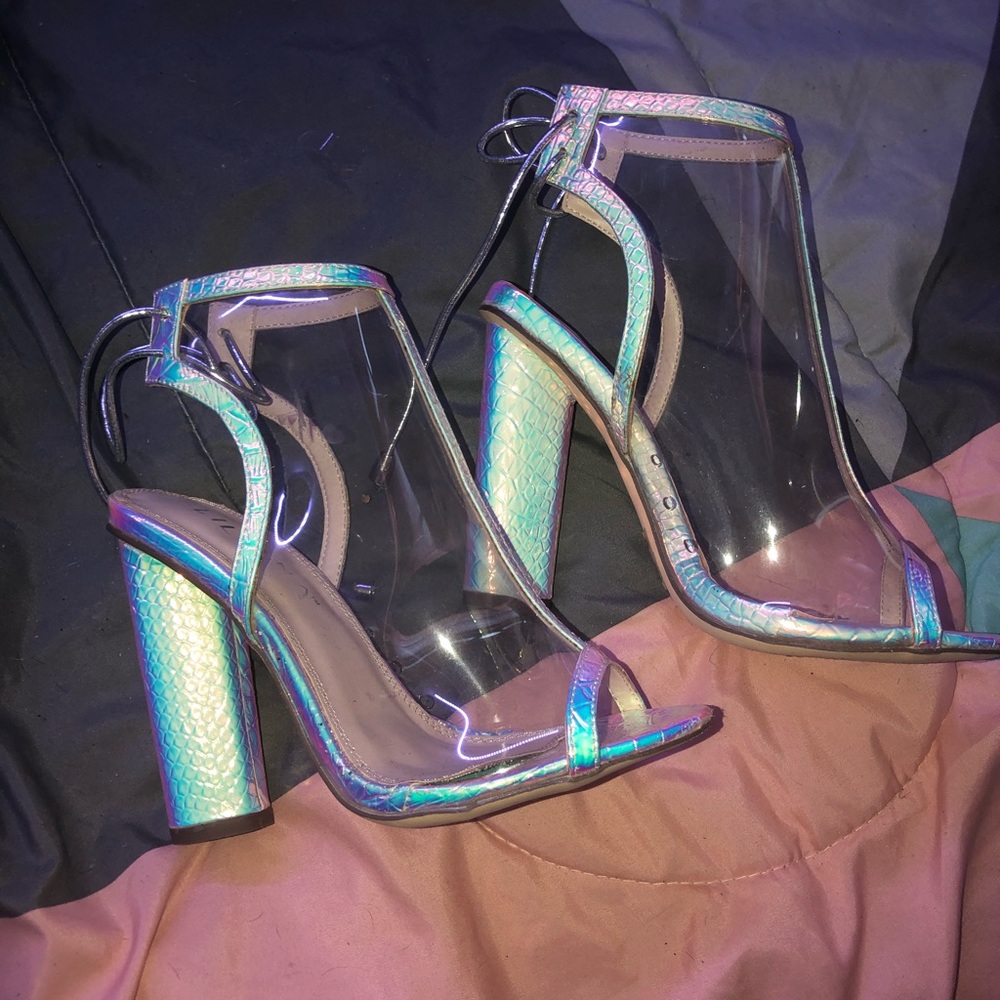 Holographic snake skin heel